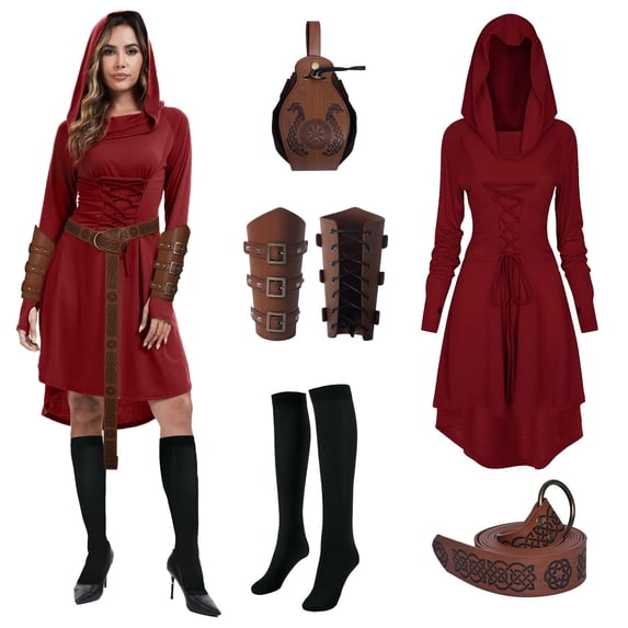 GTMEDT Women Medieval Retro Hooded Dress Renaissance Style Costume Gothic Hooded Robe with Waist Bag Belt Arm Guards and Knee High Socks(Red,M)