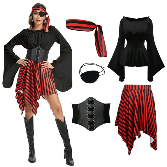 GTMEDT Women Pirate Costume Set Medieval Renaissance Shirt Dress with Headscarf Eye Mask Drawstring Waistband(Black,M)