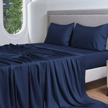 GTNSHUAI 100% Organic Bamboo Bed Sheets Set, 4 Pieces Queen Sheets Hotel Luxury Silky Bed Sheets with 16" Deep Pocket, Navy Blue