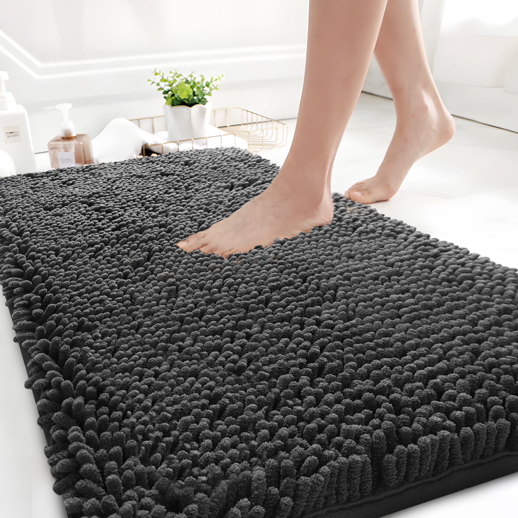 GTNSHUAI Extra Thick Luxury Chenille Bathroom Rug, Non-Slip Absorbent Bath Mat, 16" x 24", Dark Gray