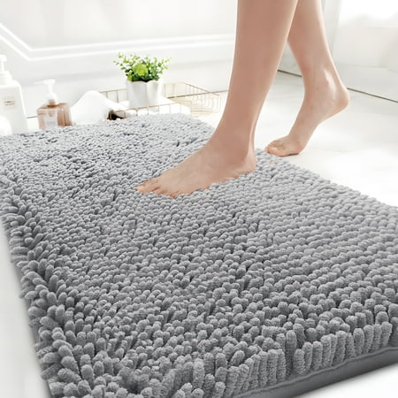 GTNSHUAI Extra Thick Luxury Chenille Bathroom Rug, Non-Slip Absorbent Bath Mat, 16" x 24", Light Gray