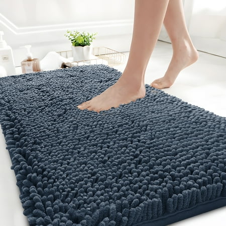 GTNSHUAI Extra Thick Luxury Chenille Bathroom Rug, Non-Slip Absorbent Bath Mat, 16" x 24", Misty Blue