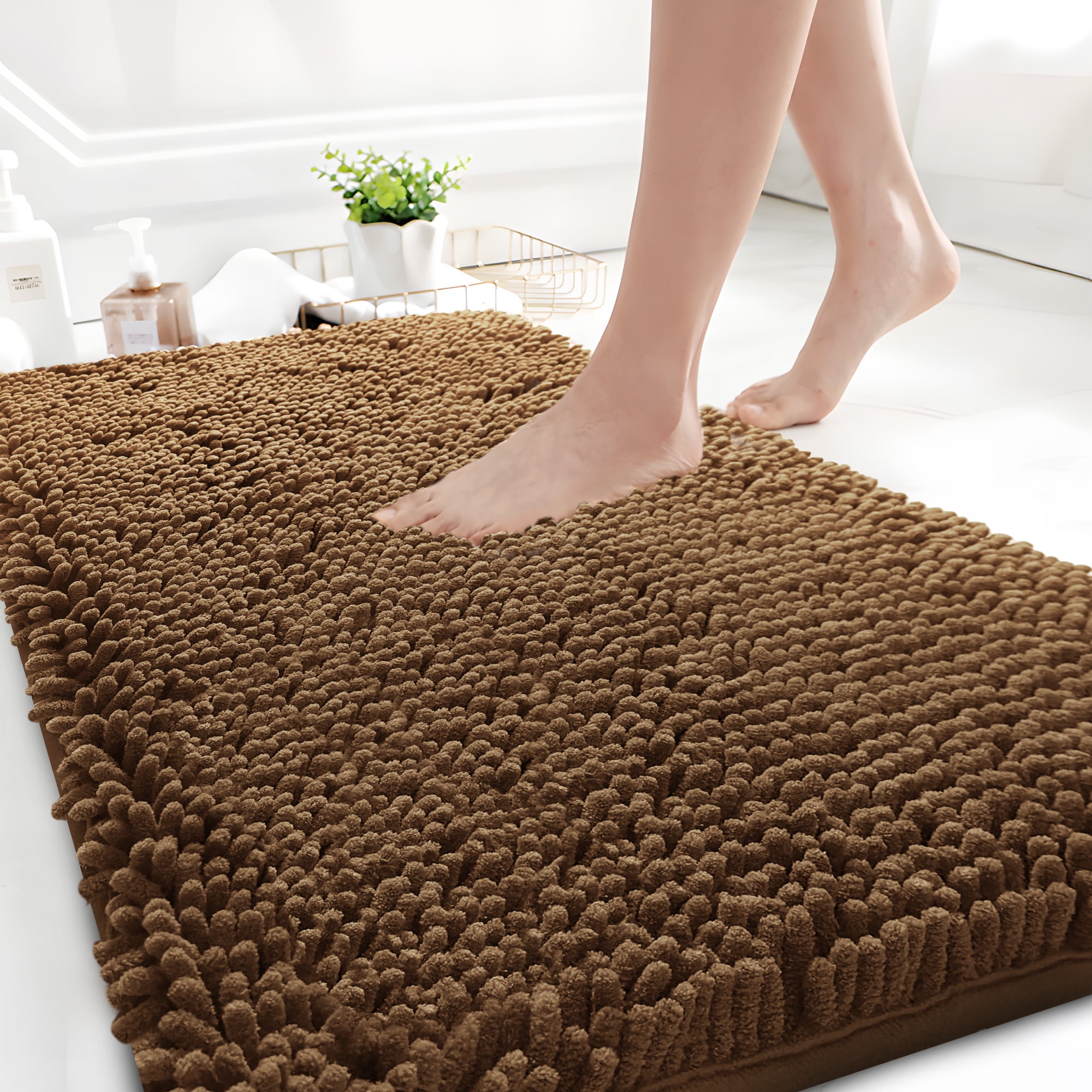 Soft Microfiber Bathroom Rug Set – 3-Piece Absorbent Non-Slip Mats In Brown Stripe