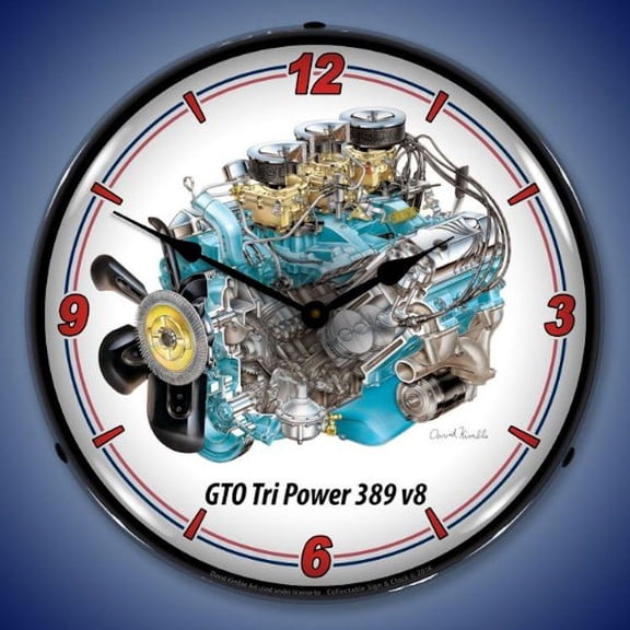 GTO Tri Power 389 cid V8 Engine Wall Clock, Lighted