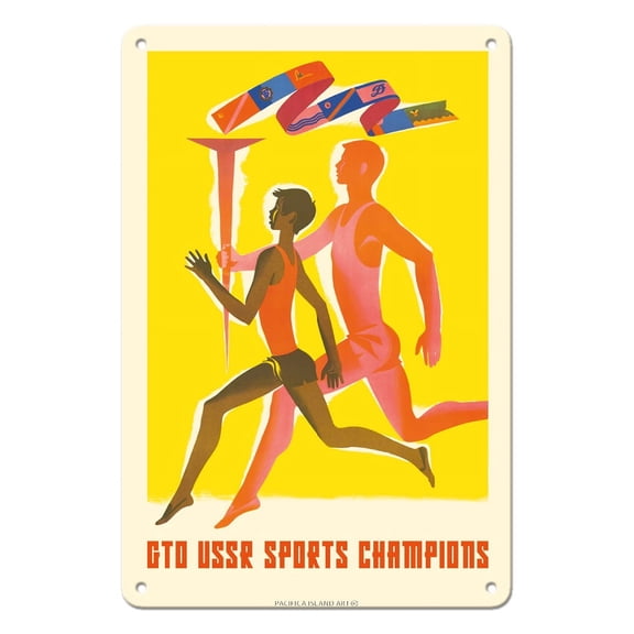 GTO USSR Sports Champions - Russian Physical Culture - Vintage Sports Poster c.1973 - 8 x 12 inch Vintage Metal Tin Sign