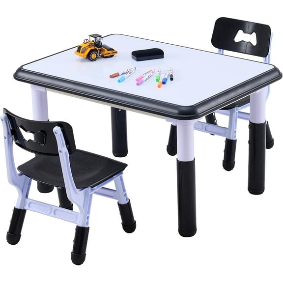 GTOLV Kids Table & Chairs Set (2 Chairs), Height Adjustable Toddler Table and Chair Set for Kids Ages 3-8 with Graffiti Desktop, Learning & Art Activity Desk for Classroom, Home, Daycare (Black)