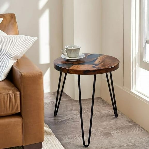 GTOPQCR Wood Resin Round Coffee Table 23.5"x23.5"x17"H Rustic Black Epoxy Wooden Slab Live Edge Tables Outdoor Natural Solid Handmade Table for Living Room Patio Bedroom Farmh