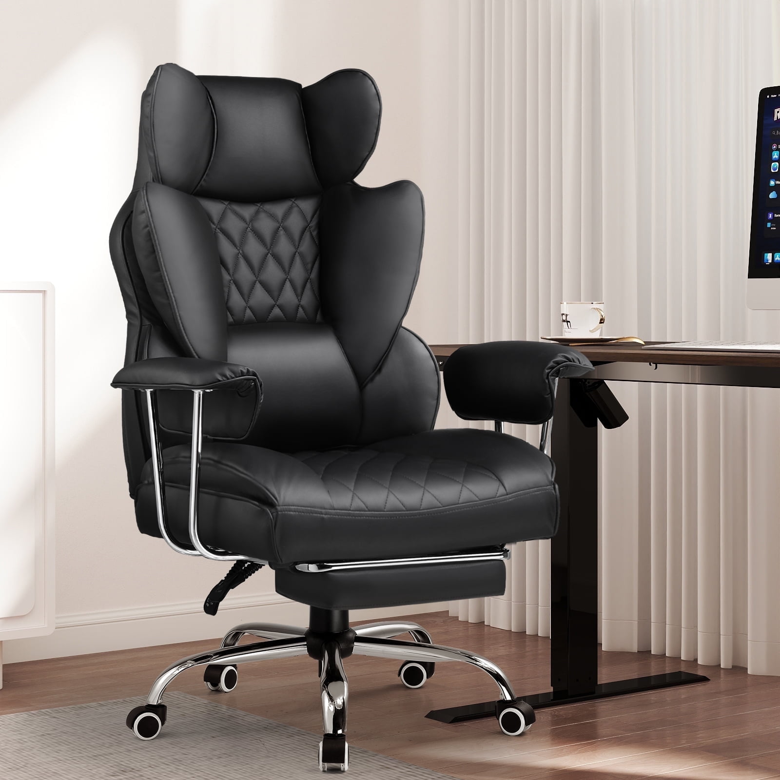 EXRACING Ergonomic Big and Tall PU Leather Gaming Chair with Footrest, Black