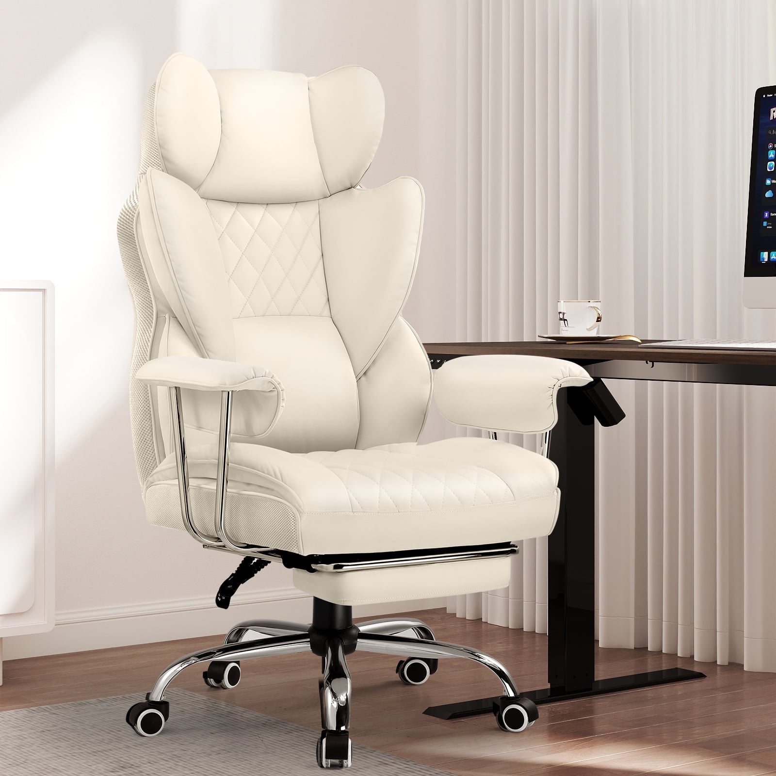 EXRACING Ergonomic Big and Tall PU Leather Gaming Chair with Footrest, Beige