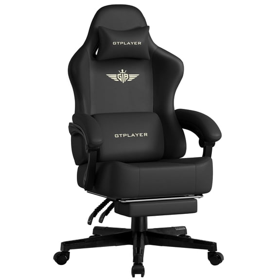 GTPLAYER Big & Tall Swivel Gaming Office Chair with Pocket Spring Cushion and Footrest, Black