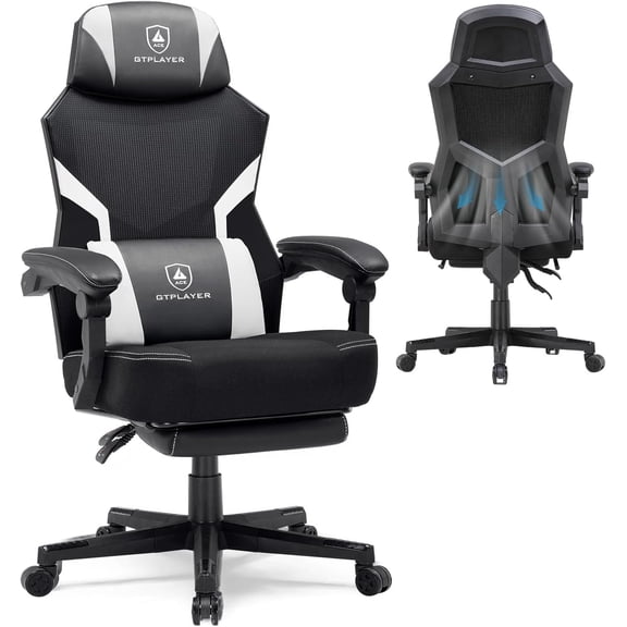 GTPLAYER Computer Chair with Adjustable Footrest, Ergonomic Gaming Chair with Headrest and Lumbar Support, Breathable Mesh Office Chair for Adults, High Back Reclining Desk Chair for Gaming