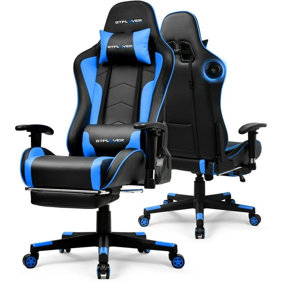GTPLAYER Gaming Chair with Bluetooth Speakers and Footrest, Ergonomic Gamer Chair with Reclining Backrest, 3D Armrests, Adjustable Seat Height, Computer Desk Chair for Adults (Blue)