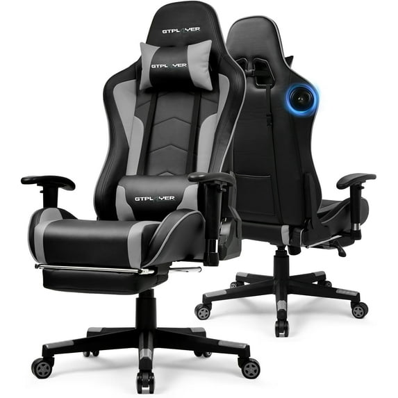 GTPLAYER Gaming Chair with Bluetooth Speakers and Footrest, Ergonomic Gamer Chair with Reclining Backrest, 3D Armrests, Adjustable Seat Height, Computer Desk Chair for Adults (Grey)