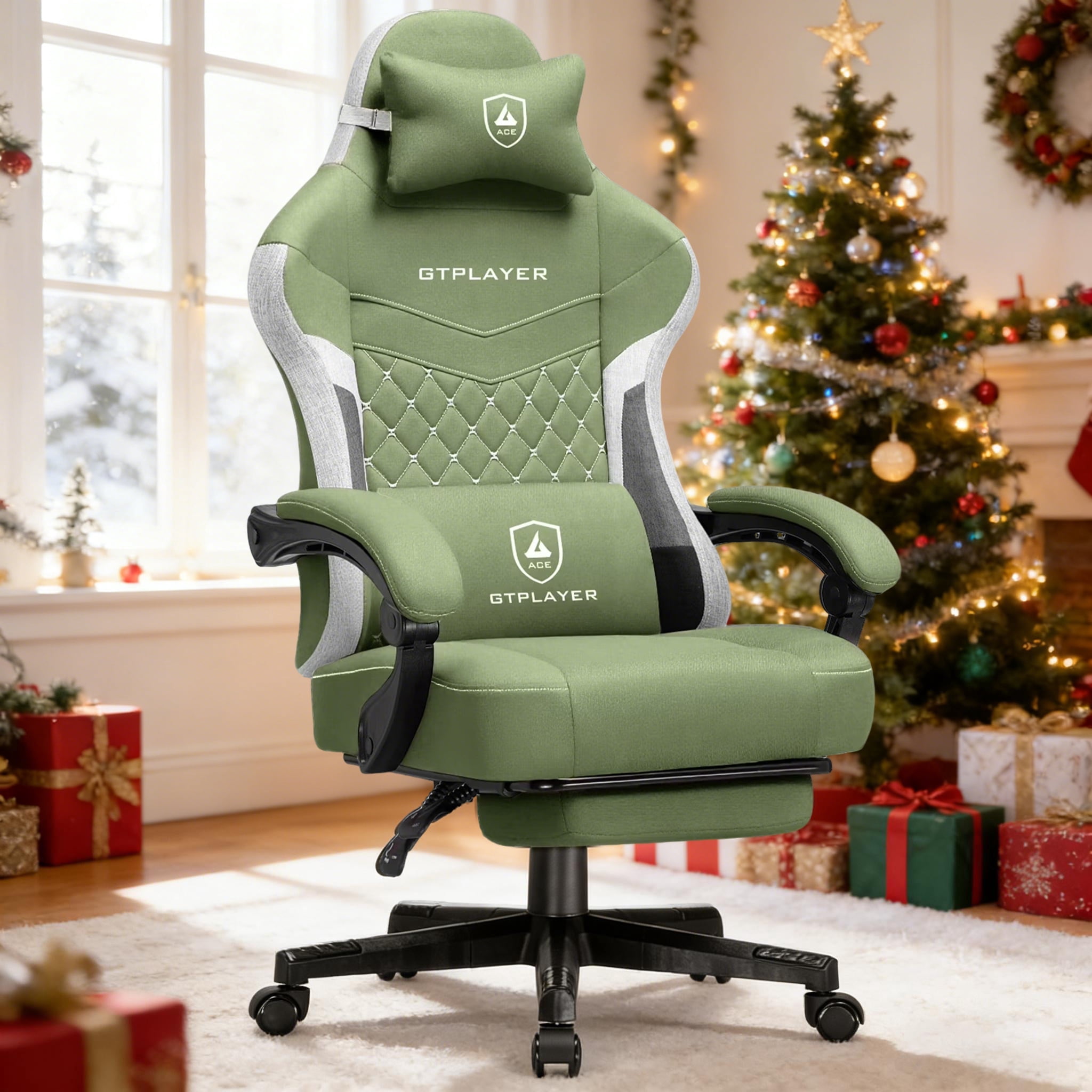 GTPLAYER Gaming Chair, Fabric Ergonomic Office Chair with Footrest and Lumbar Suppor for Adult, Green