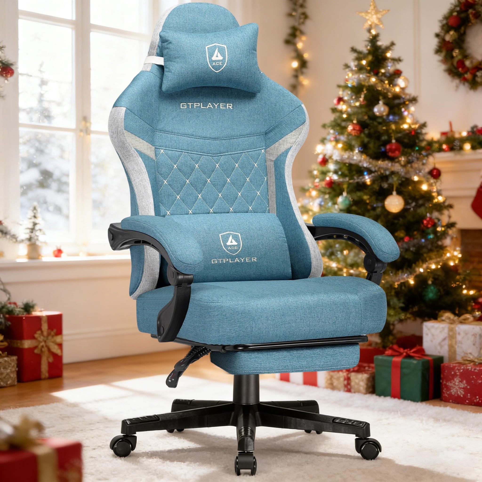 GTPLAYER Gaming Chair, Fabric Ergonomic Office Chair with Footrest and Lumbar Suppor for Adult, Oceanblue