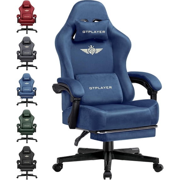 GTPLAYER Big & Tall Fabric Swivel Gaming Office Chair with Pocket Spring Cushion and Footrest, Blue