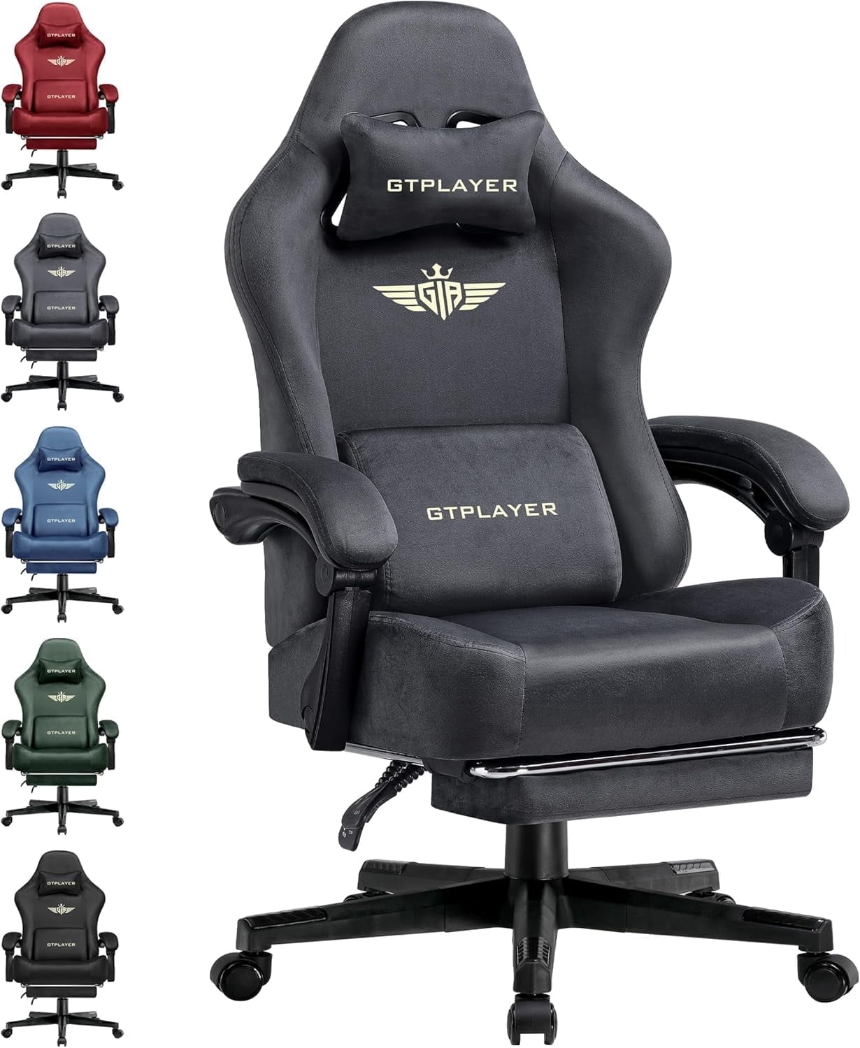 GTPLAYER Big & Tall Fabric Swivel Gaming Office Chair with Pocket Spring Cushion and Footrest, Gray
