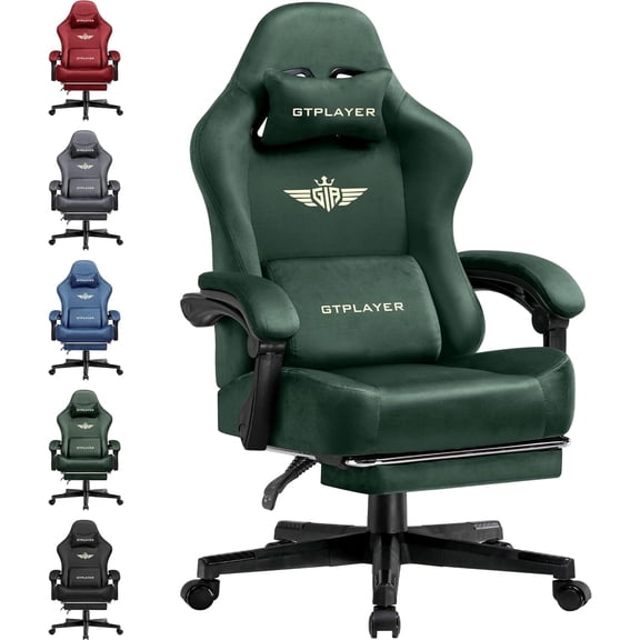 GTPLAYER Big & Tall Fabric Swivel Gaming Office Chair with Pocket Spring Cushion and Footrest, Green