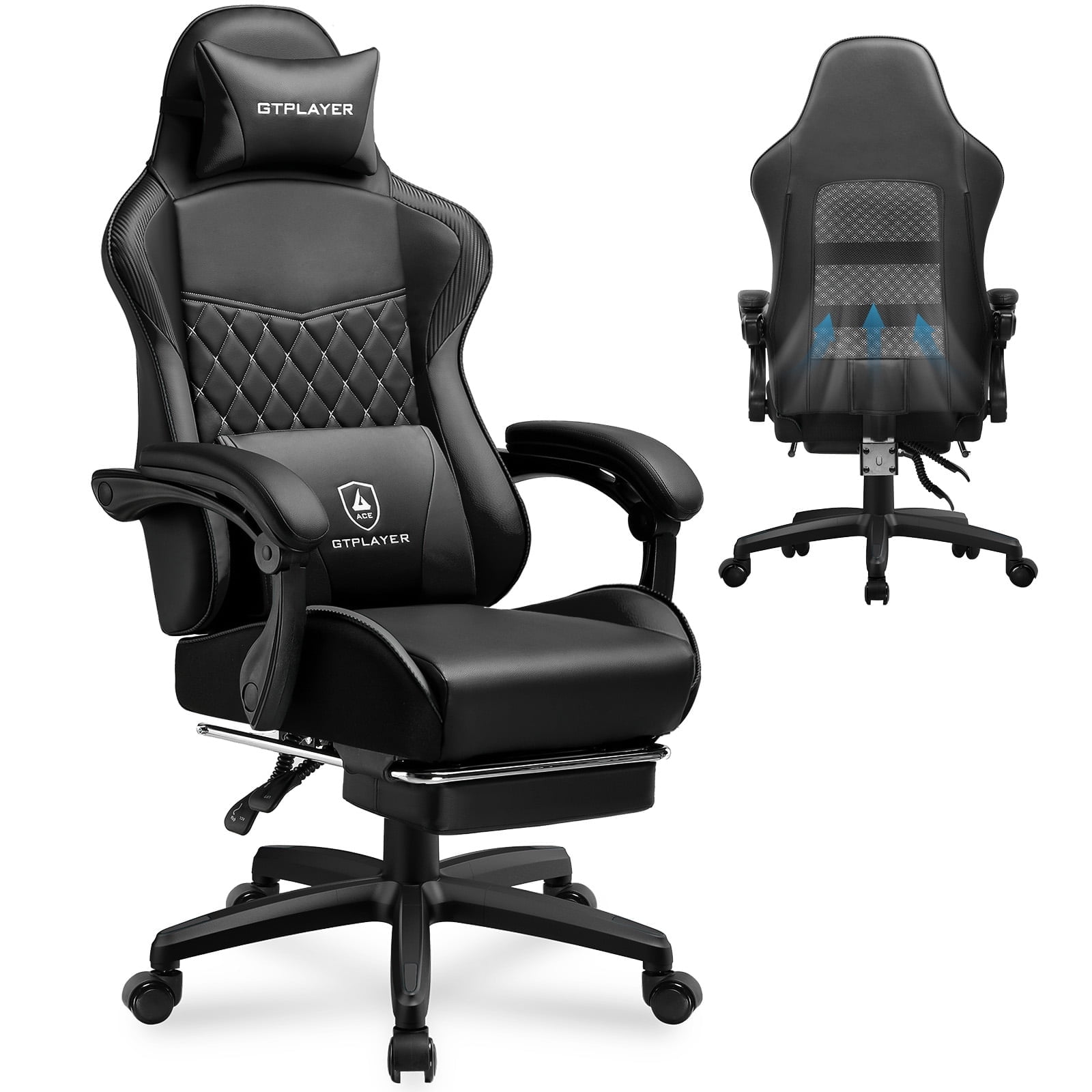 GTPLAYER High Back Faux Leather Adjustable Height Gaming Computer, Black