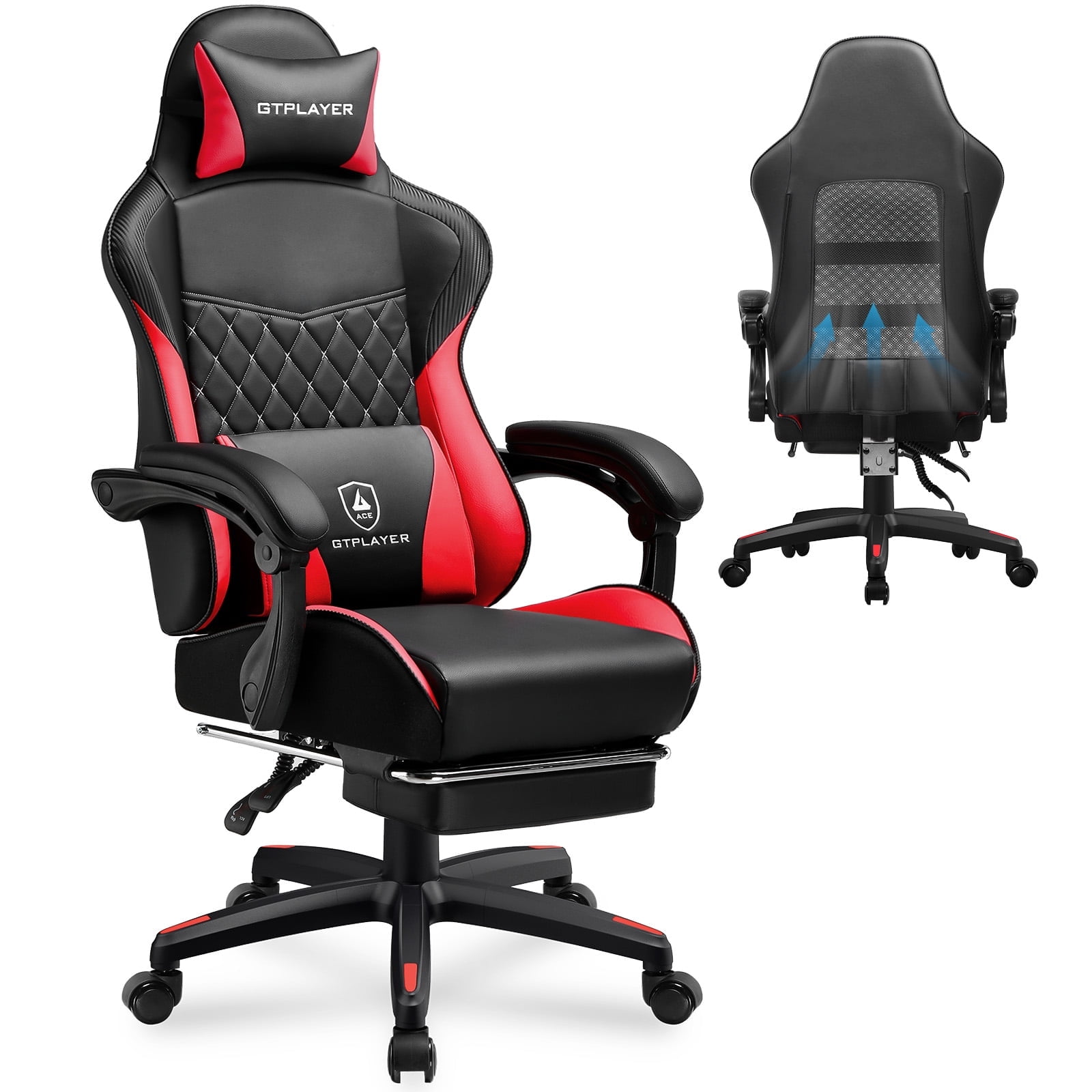 GTPLAYER High Back Faux Leather Adjustable Height Gaming Computer, Red