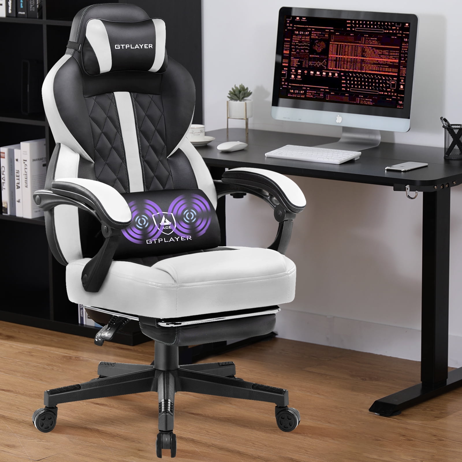GTPLAYER Gaming Chair With Retractable Footrest - Ergonomic Office & Computer Chair With Headrest & Lumbar Support (White)