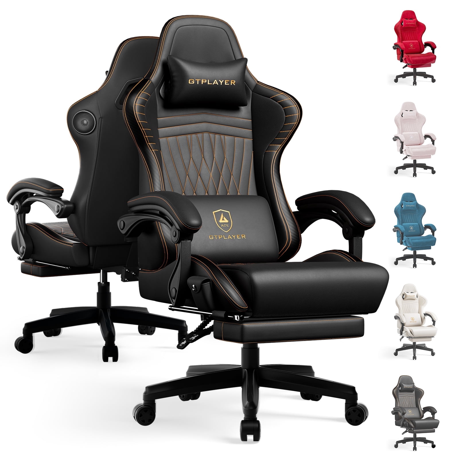 GTPLAYER Gaming Chair with Speakers, Video Game Chairs with Footrest, PC Gamer Chairs for Adults - Padded High Back Ergonomic Reclining Silla Gamer, Linkage Armrest, Ace Pro, Black & Orange Stitch
