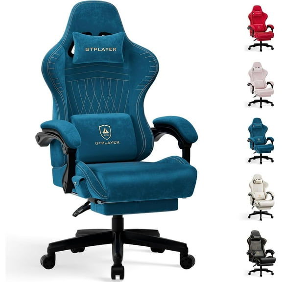 GTPLAYER Gaming Chair with Speakers, Video Game Chairs with Footrest, PC Gamer Chairs for Adults - Padded High Back Ergonomic Reclining Silla Gamer, Linkage Armrest, Ace Pro, Blue (Velvet)
