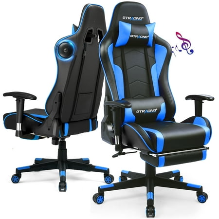 GTPLAYER Gaming Chair with Bluetooth Speakers Footrest PU Leather Music Office Chair, Blue