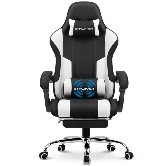 GTPLAYER Fabric Gaming Office Chair with Lumbar Massage Pillow, Dark Gray&White
