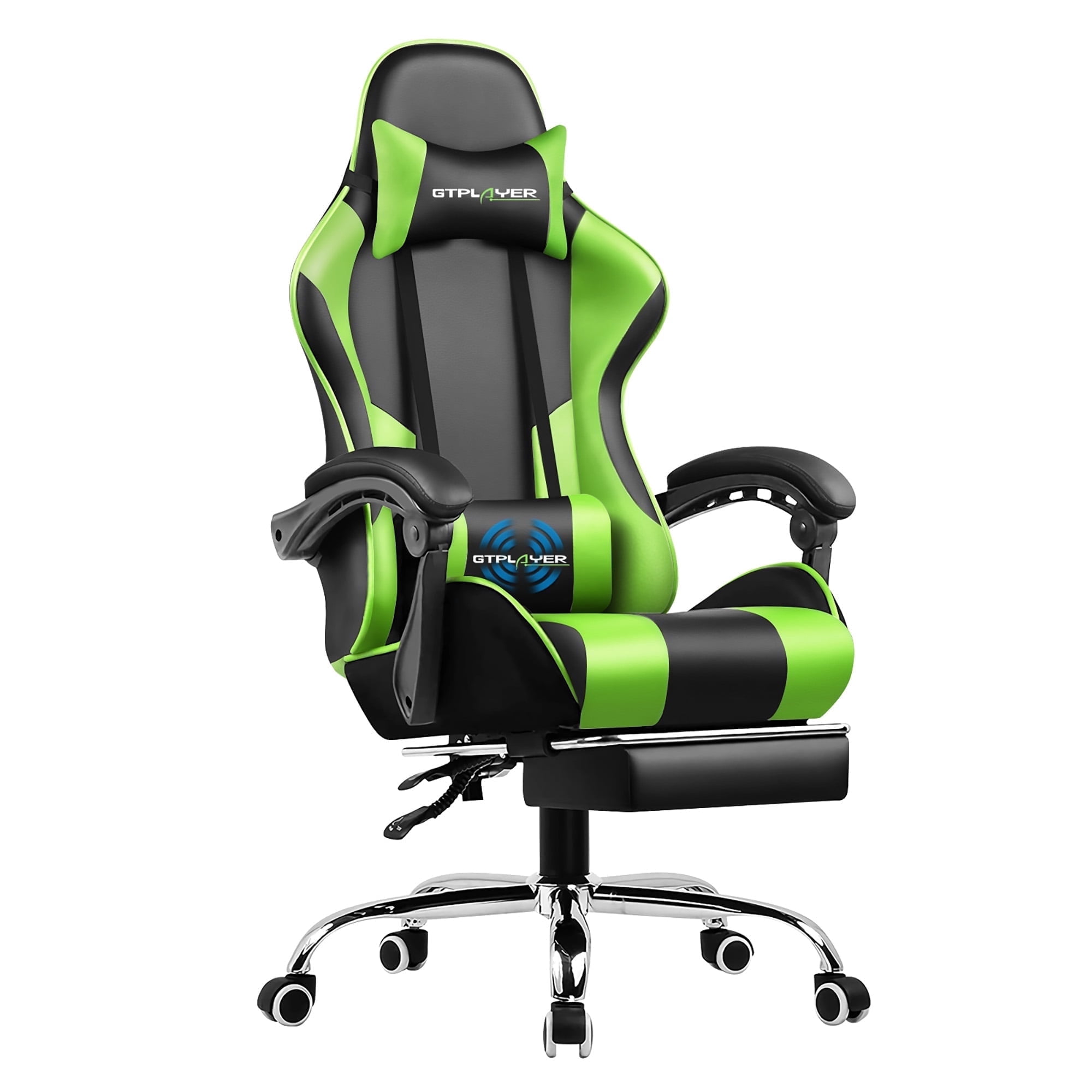 GTPLAYER Gaming Chair with Footrest and Ergonomic Lumbar Massage Pillow Faux Leather Office Chair, Green
