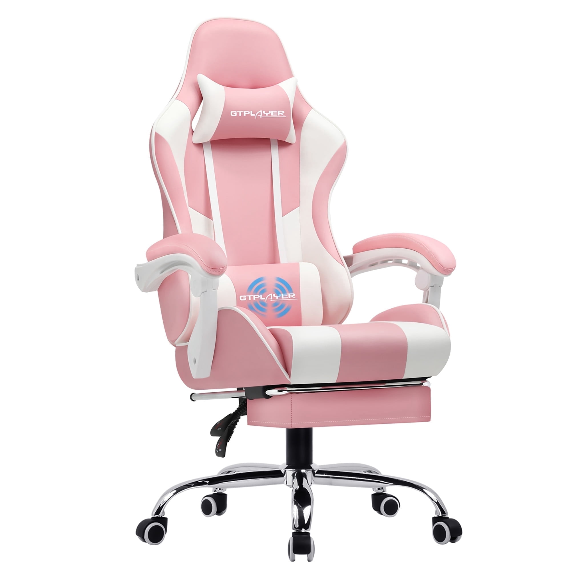 GTPLAYER Faux Leather Gaming Office Chair with Footrest and Ergonomic Lumbar Massage Pillow, Pink