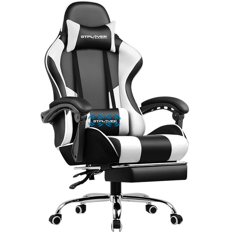 GTPLAYER Gaming Chair with Footrest and Ergonomic Lumbar Massage Pillow Faux Leather Office Chair White