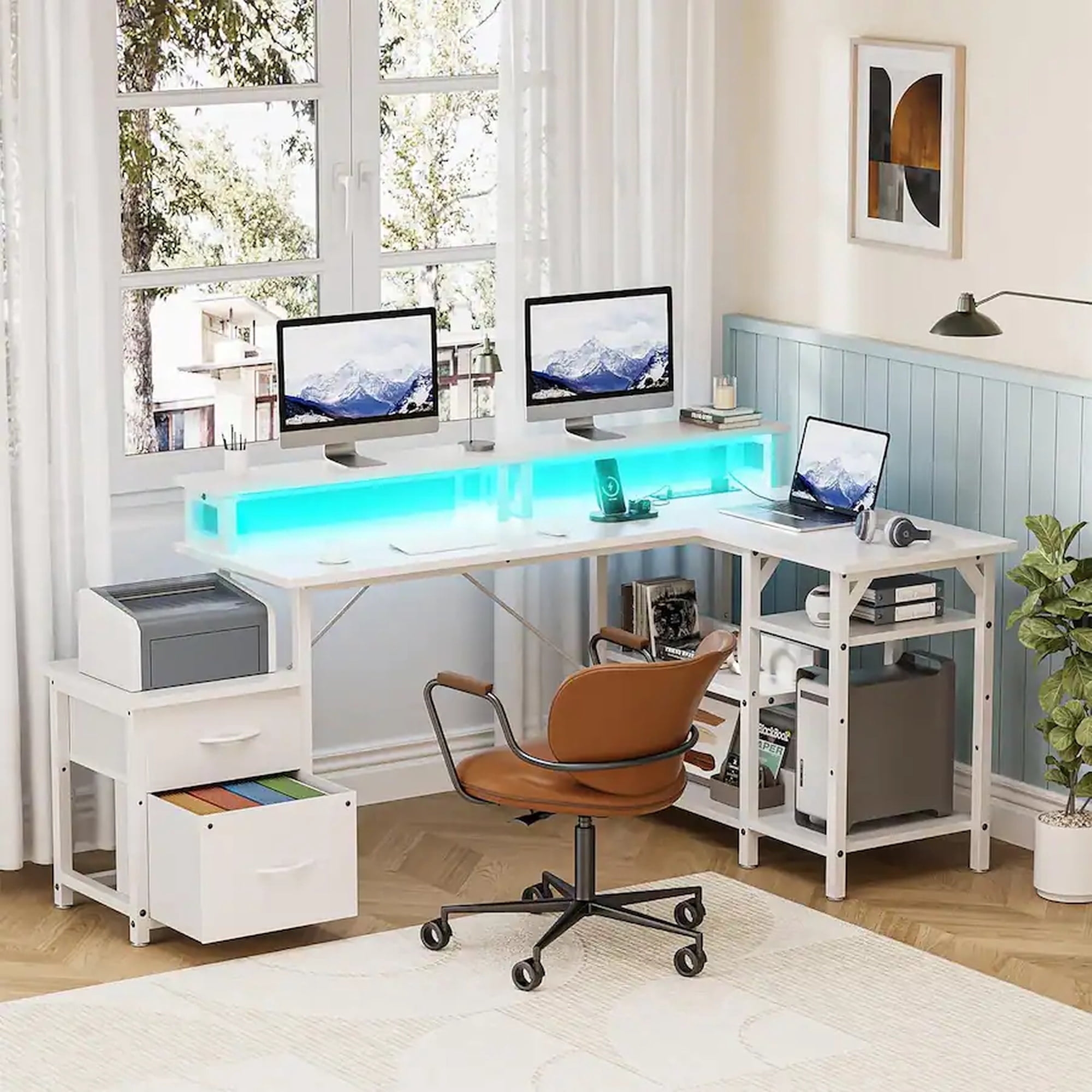 GTPLAYER L Shape Office Desk with File Drawers&Power Outlet, 69.3 Inch Reversible 2 Person Desk,Corner L Shape or Long Desk Set up,Monitor Stand &Storage Shelves, LED Lights &CPU Stand