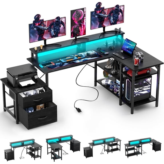 GTPLAYER L Shape Office Desk with File Drawers&Power Outlet, 69.3 Inch Reversible 2 Person Desk,Corner L Shape or Long Desk Set up,Monitor Stand &Storage Shelves, LED Lights &CPU Stand