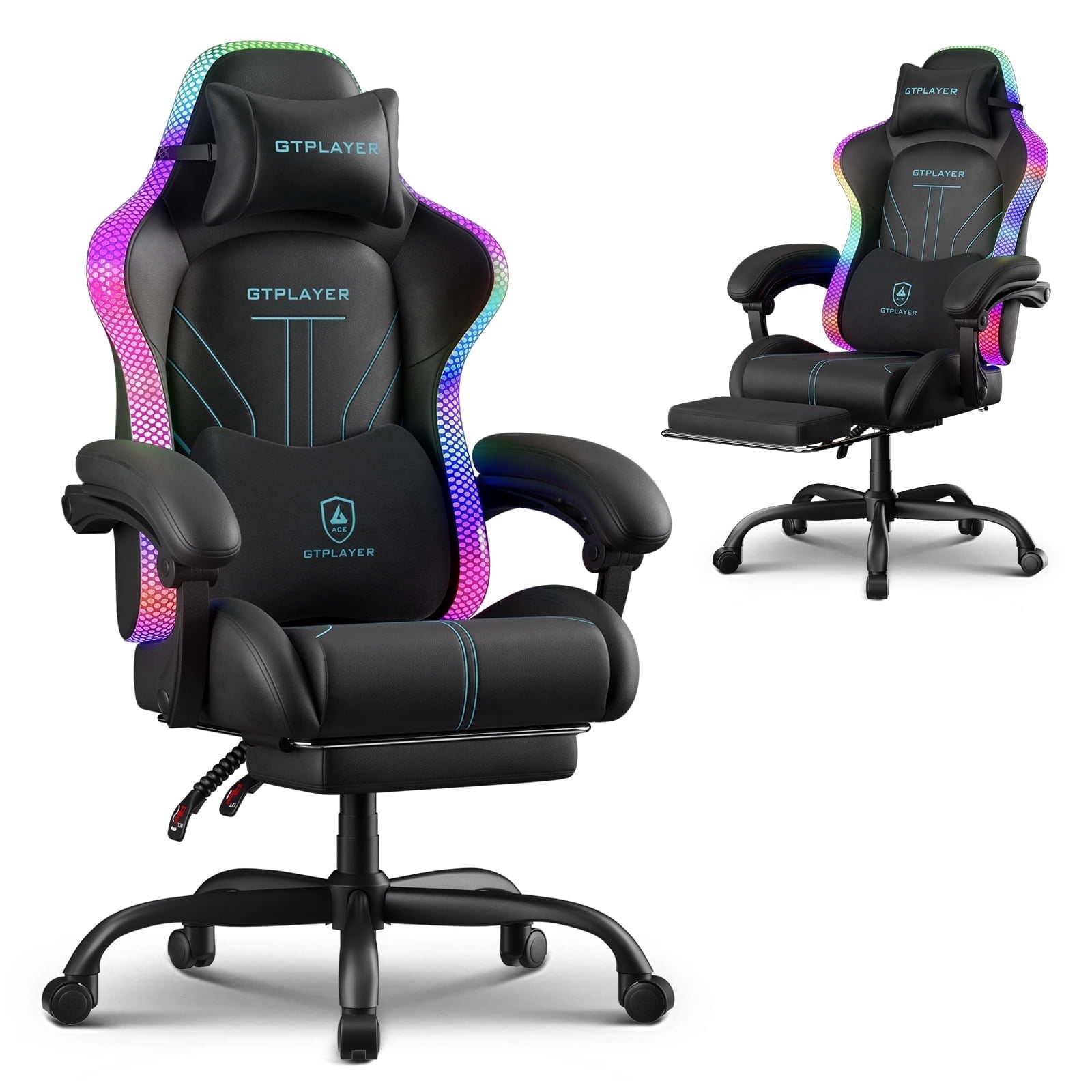 GTPLAYER RGB Gaming Chair with Timed LED Lights, 400LBS Capacity Gaming Office Chair with Reclining Backrest & Retractable Footrest for Gaming & Office, Blue