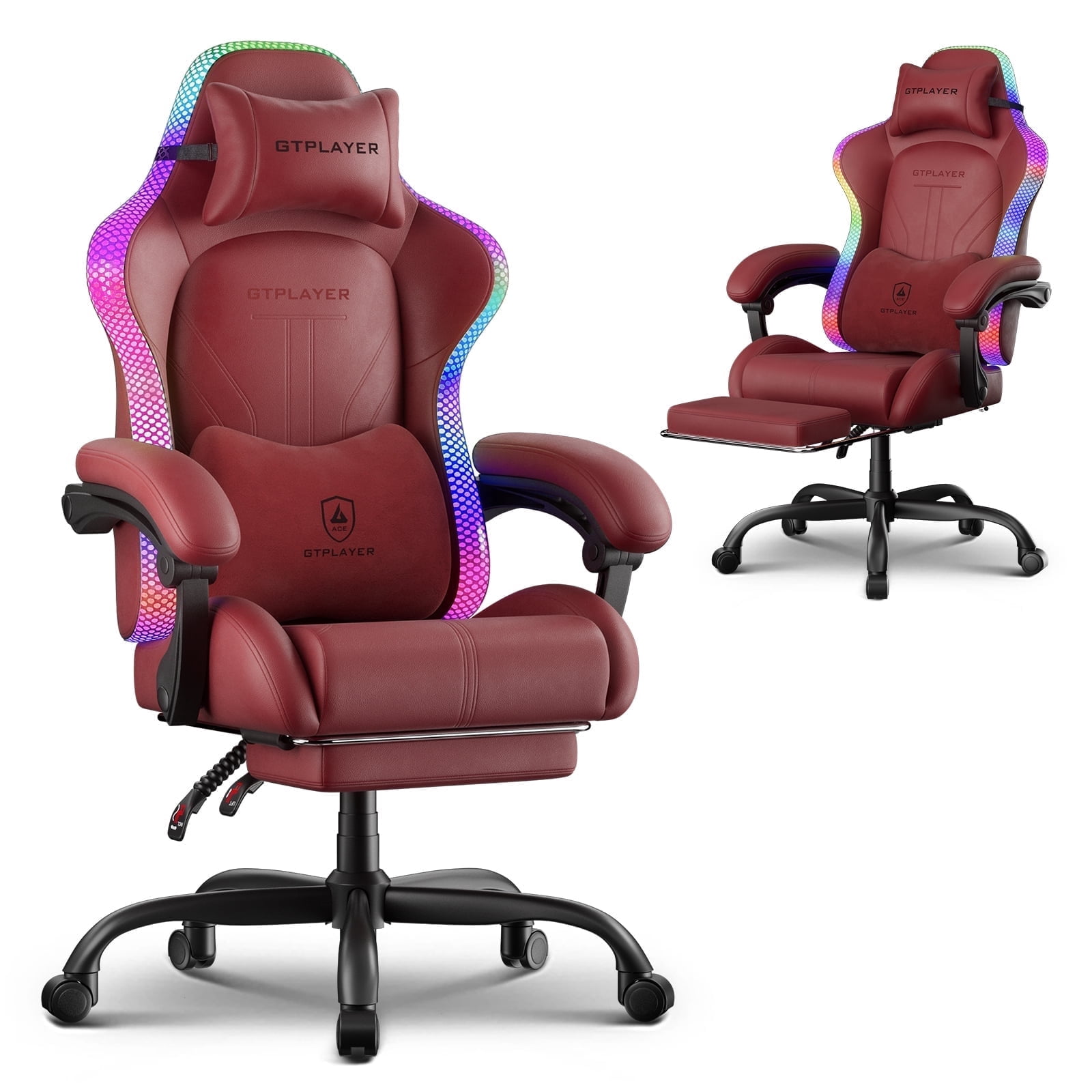 GTPLAYER RGB Gaming Chair with Timed LED Lights, 400LBS Capacity Gaming Office Chair with Reclining Backrest & Retractable Footrest for Gaming & Office, Red