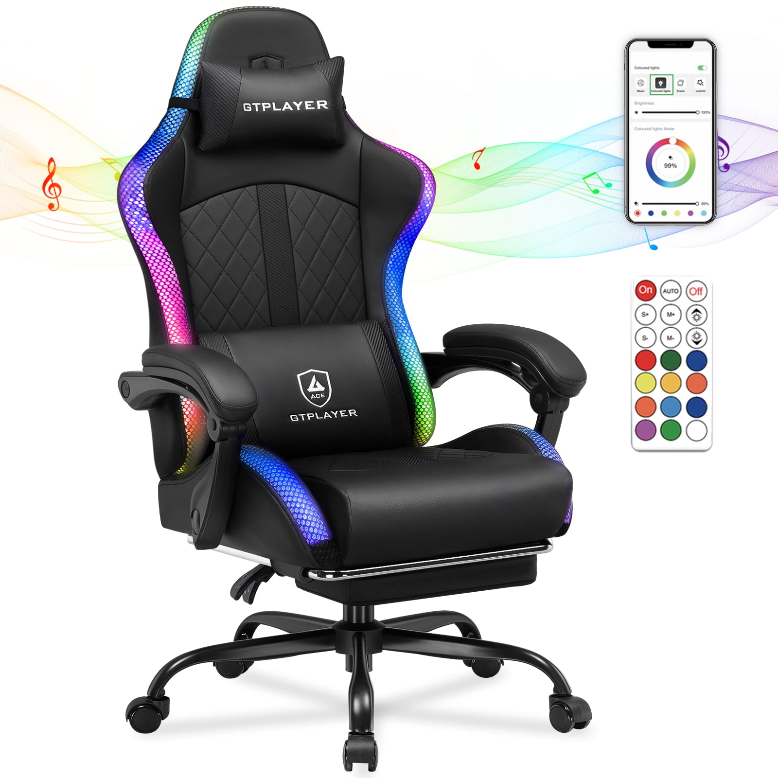 GTPLAYER RGB Gaming Chair with Speakers, Computer Gamer Chair with Footrest and LED Lights, Black