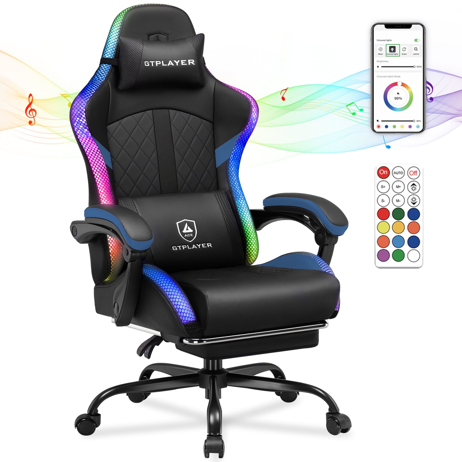 GTPLAYER RGB Gaming Chair with Speakers, Computer Gamer Chair with Footrest and LED Lights, Blue