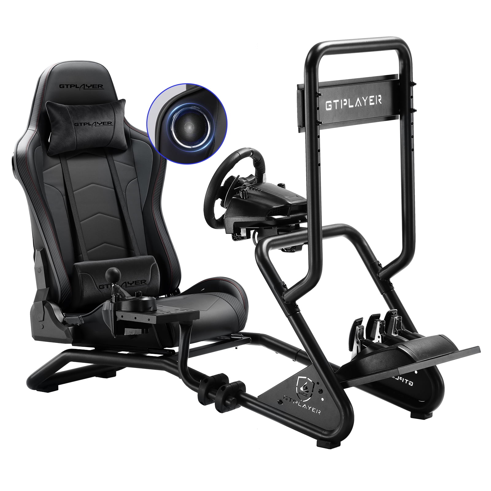 GTPLAYER Racing Simulator Cockpit with Monitor Stand, Racing Style Reclining Seat with Bluetooth Speakers, Black
