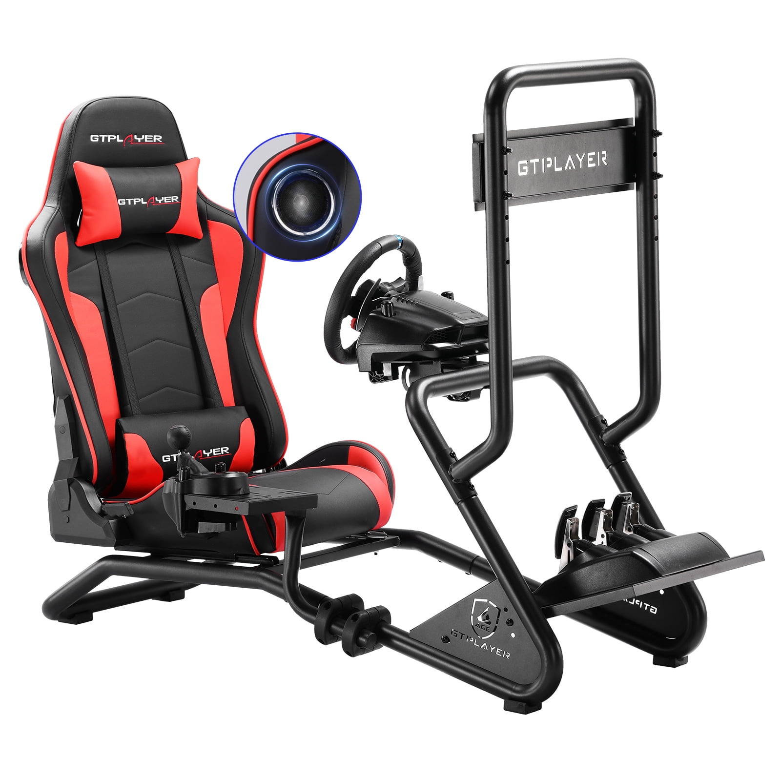 GTPLAYER Racing Simulator Cockpit with Monitor Stand, Racing Style Reclining Seat with Bluetooth Speakers, Red