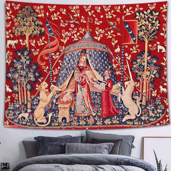 GTQQAY1210 Medieval Princess Tapestry - Maiden & Unicorn Design, 80x60 inches, Perfect for Bedroom & Living Room Decor