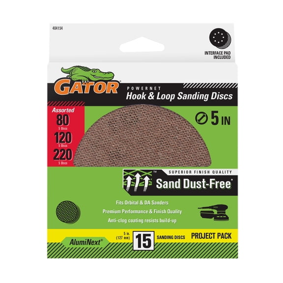 Gator 404154 5 in Assorted Grit Hook & Loop Sanding Discs Project Pack, 15 Pieces
