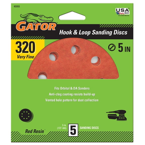 Gator 403655 5 in Very Fine 320 Grit Hook & Loop Sanding Discs, 5 Pieces