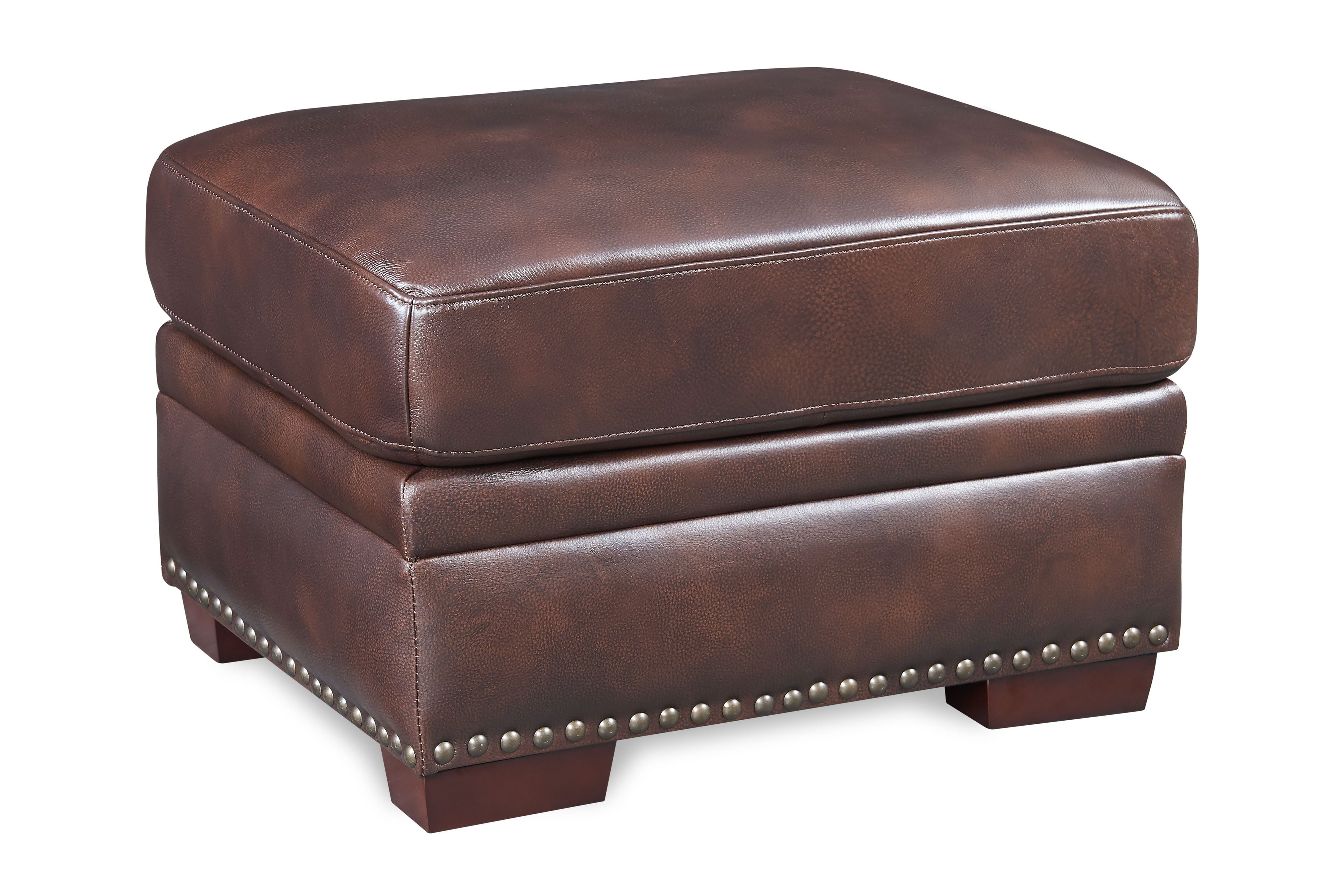 Classic Brown Top Grain Cowhide Leather Ottoman with Nailhead Trim
