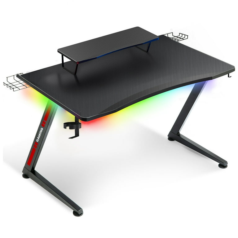 GTRACING Ergonomic Curved 3 Sided LED Z Leg Gaming Desk Black