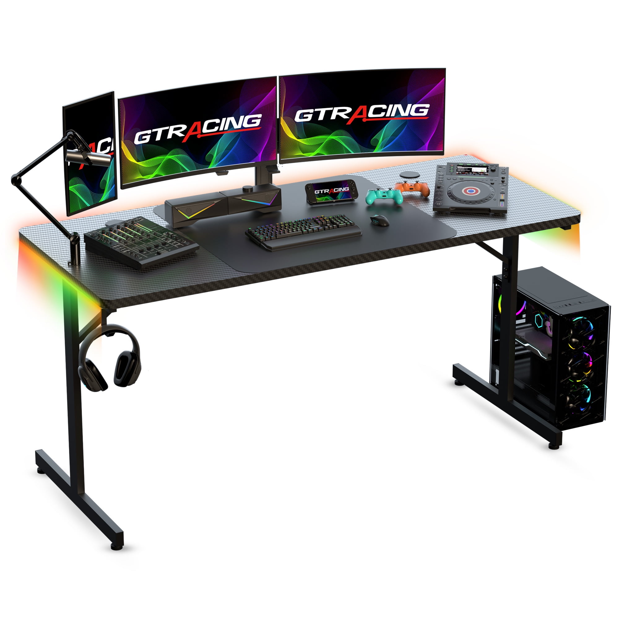 Large Gaming Desk Computer Table PC Laptop RGB LED Lights Racing Gamer  Workstation
