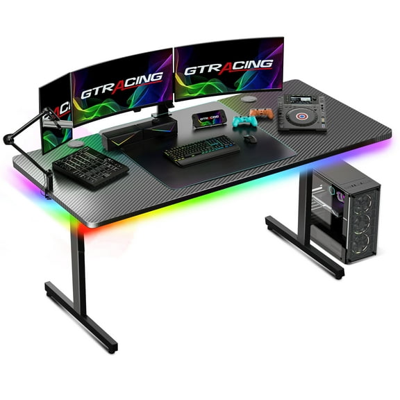 GTRACING 55" Large T-Shaped RGB Gaming Desk with Mouse Pad, Black