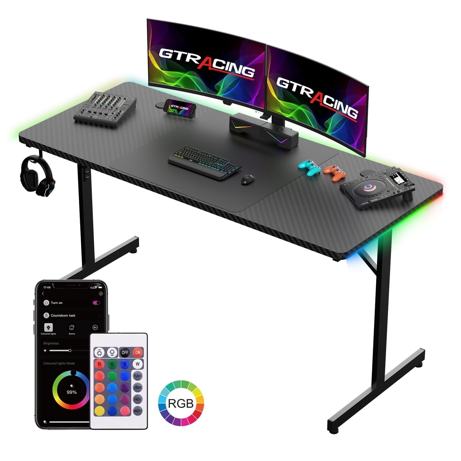 GTRACING 55" Large RGB Sturdy Gaming Desk with Mouse Pad T-Shaped Office Chair Computer Desk Spacious Work Surface Table, Black
