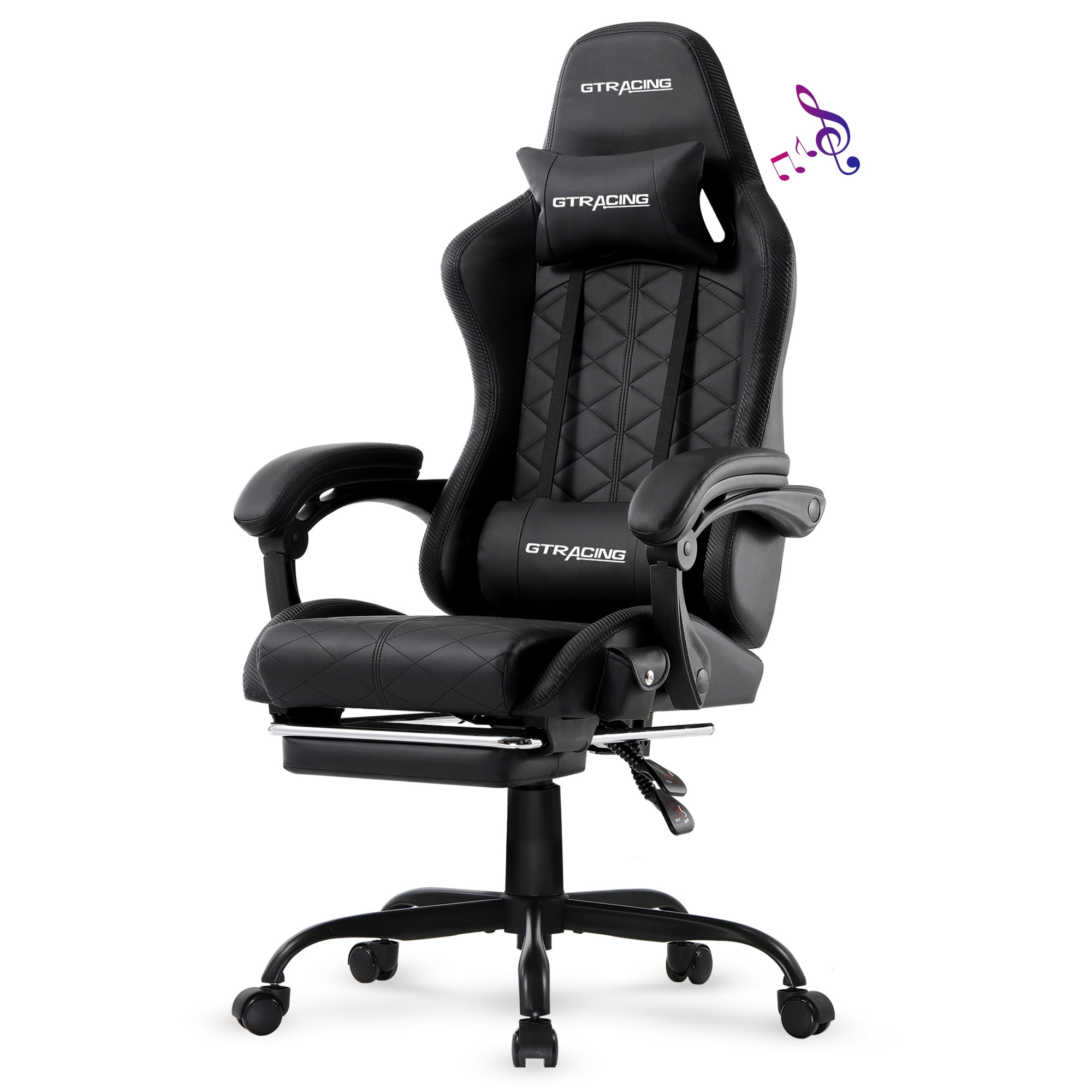 GTRACING GTW-100 Reclining Gaming Chair with Bluetooth, Adjustable Pillows and Footrest, Black