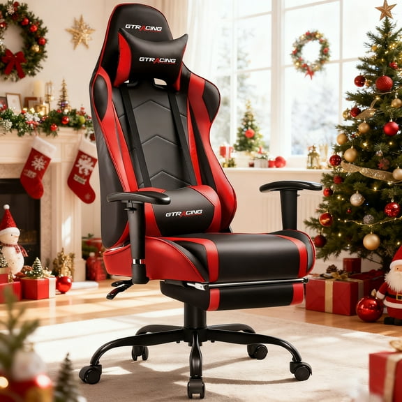 GTRACING Gaming Chair, Ergonomic Office Desk Chair with Lumbar Support, PU Leather, Footrest & Adjustable Headrest, Red